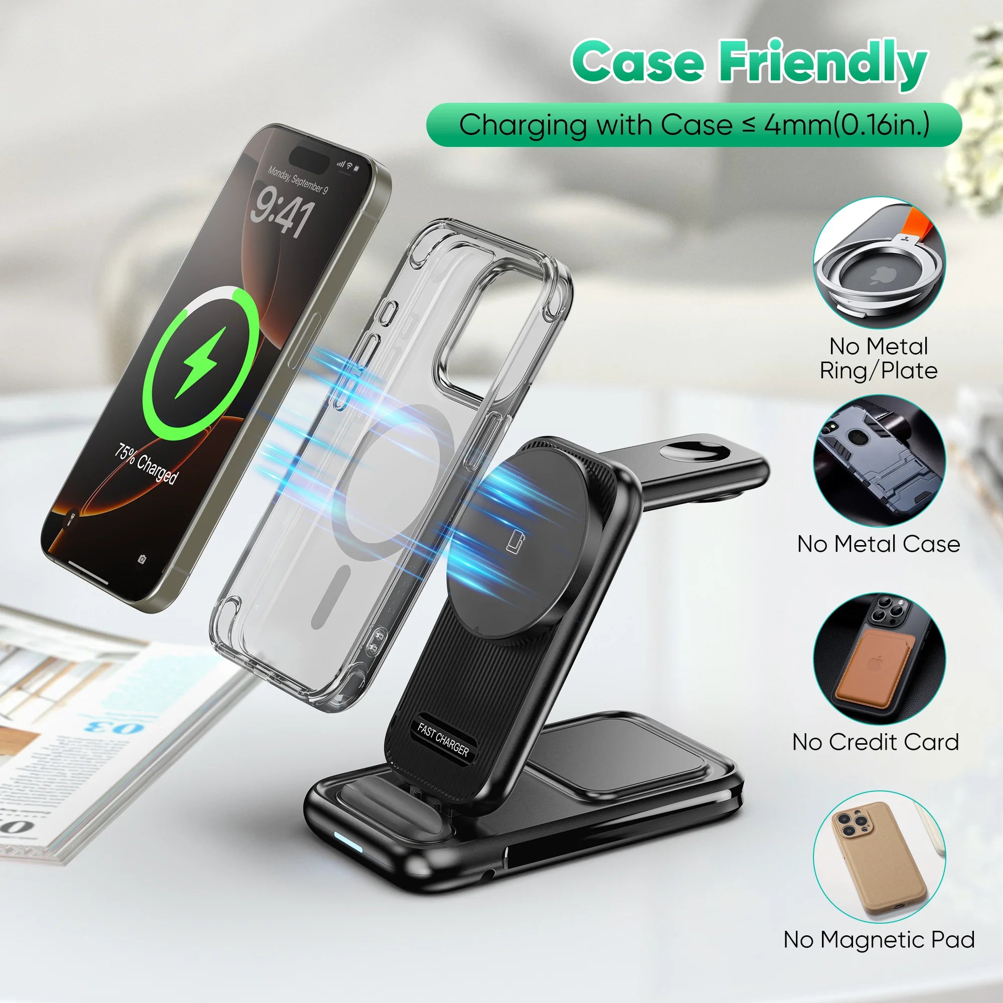 4-In-1 Wireless Charging Station for Iphone 16/15/14, Airpods, Apple Watch & Samsung Watch - Includes 30W Fast Charger (Black)