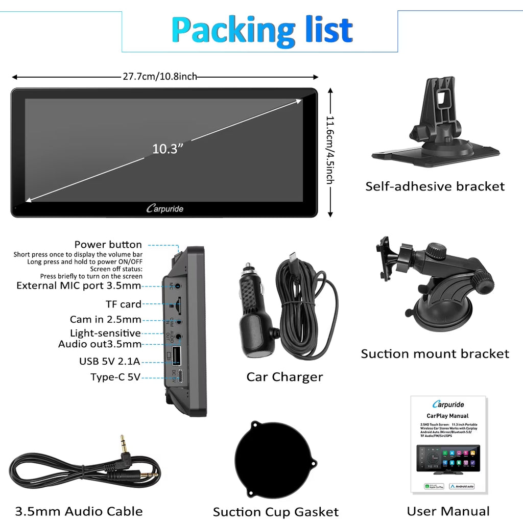 Wireless BT Trans for Carplay &A- Auto Portable Car Stereo, 11.3" Smart Display W103Pro