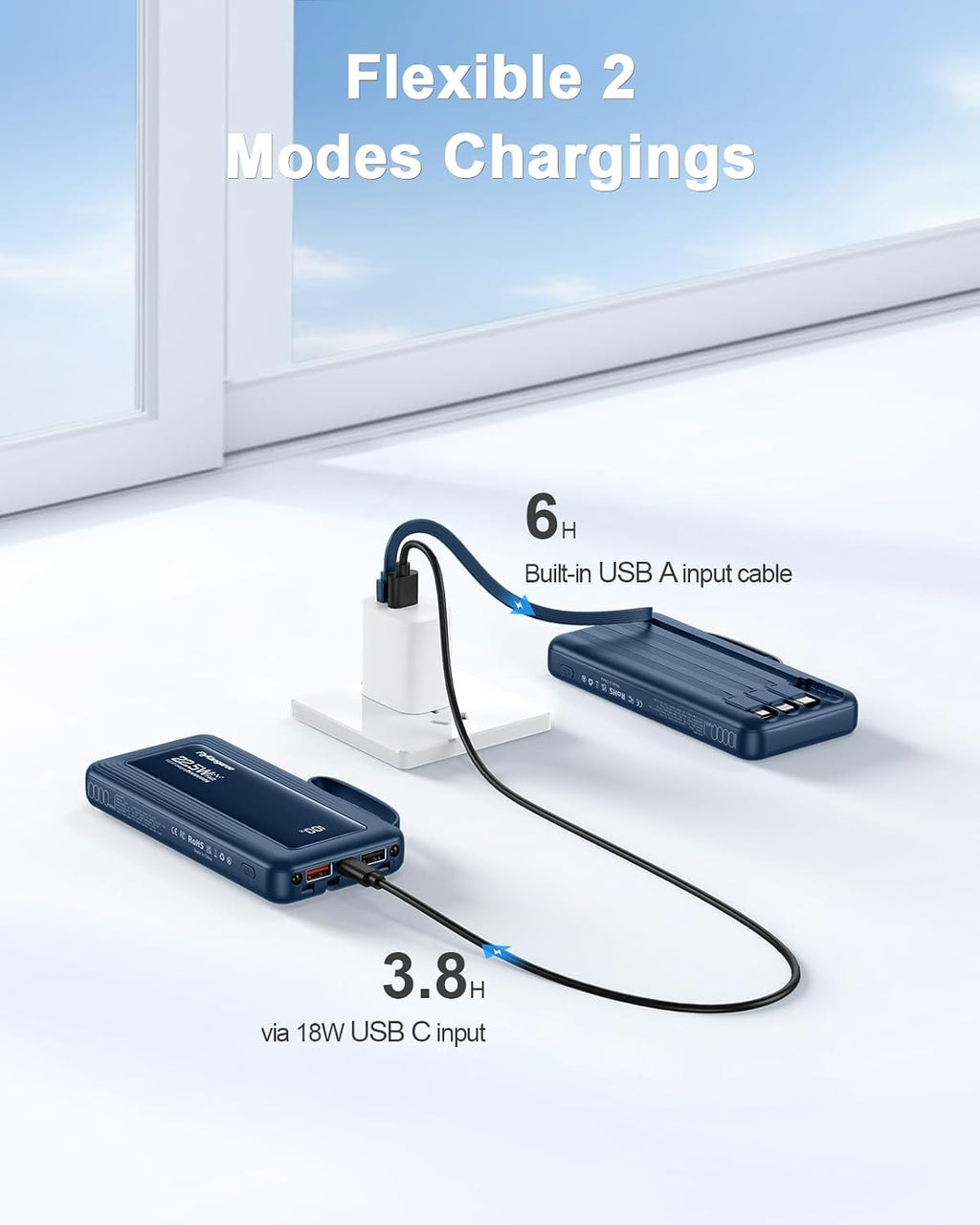 Portable Charger with Built in Cables, Slim 10000Mah Fast Charging 22.5W Power Bank USB C LED Display Battery Pack 6 Outputs & 2 Inputs for Iphone Samsung Pixel LG Moto Ipad