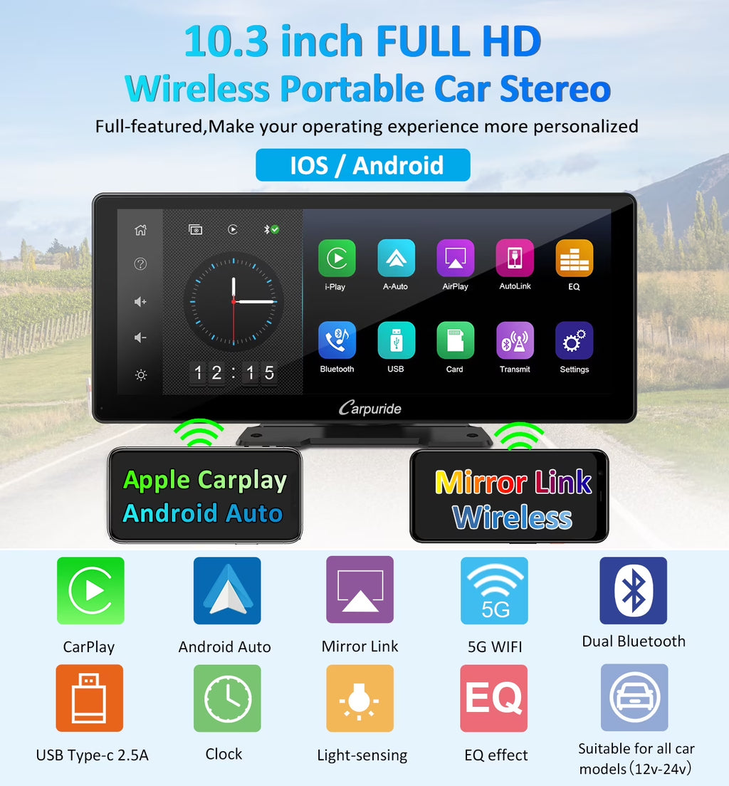 Wireless BT Trans for Carplay &A- Auto Portable Car Stereo, 11.3" Smart Display W103Pro
