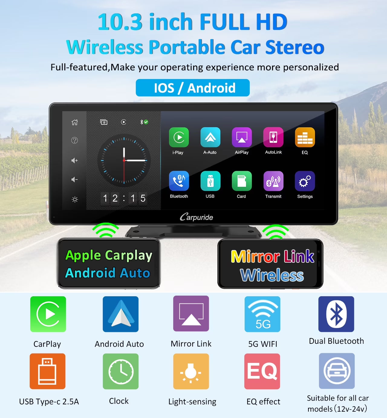 Wireless BT Trans for Carplay &A- Auto Portable Car Stereo, 11.3" Smart Display W103Pro
