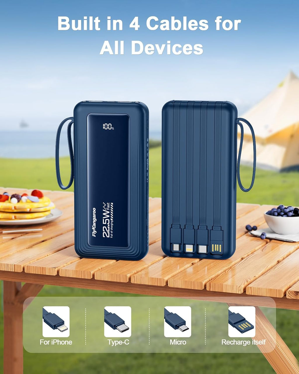 Portable Charger with Built in Cables, Slim 10000Mah Fast Charging 22.5W Power Bank USB C LED Display Battery Pack 6 Outputs & 2 Inputs for Iphone Samsung Pixel LG Moto Ipad