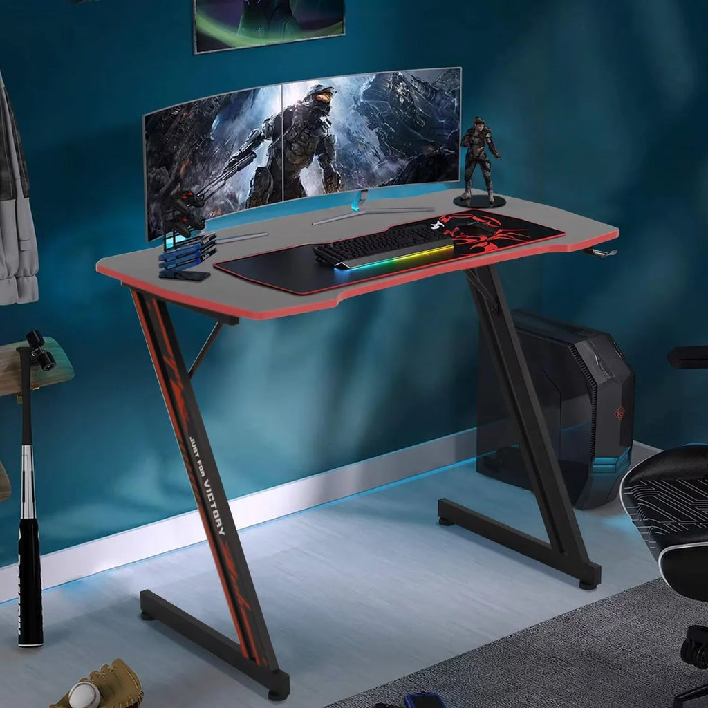 35.2 in Z Shaped Workstation Gaming Desks, Ergonomic Game Tables for Adults, Computer Desk with Headphone Hook for Home Office, Red