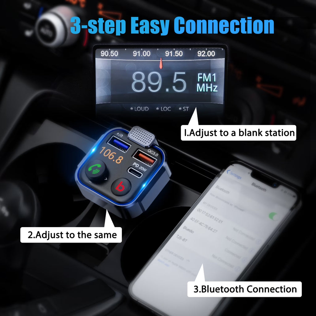FM Transmitter for Car,Wireless 5.3 Bluetooth Car Adapter with Type-C PD 20W+ QC3.0 Fast USB Charger,Vehicle Mp3 Player Receiver Hifi Bass Sound,Cigarette Lighter Radio Music Adapter