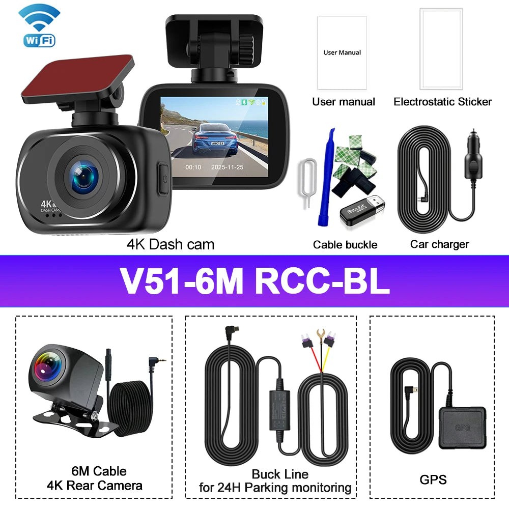 4K Dashcam Car Dvr Dual 4K Dash Cam Support 4K Rear Camera WIFI GPS Night Vision 24H Parking Monitoring Black Box