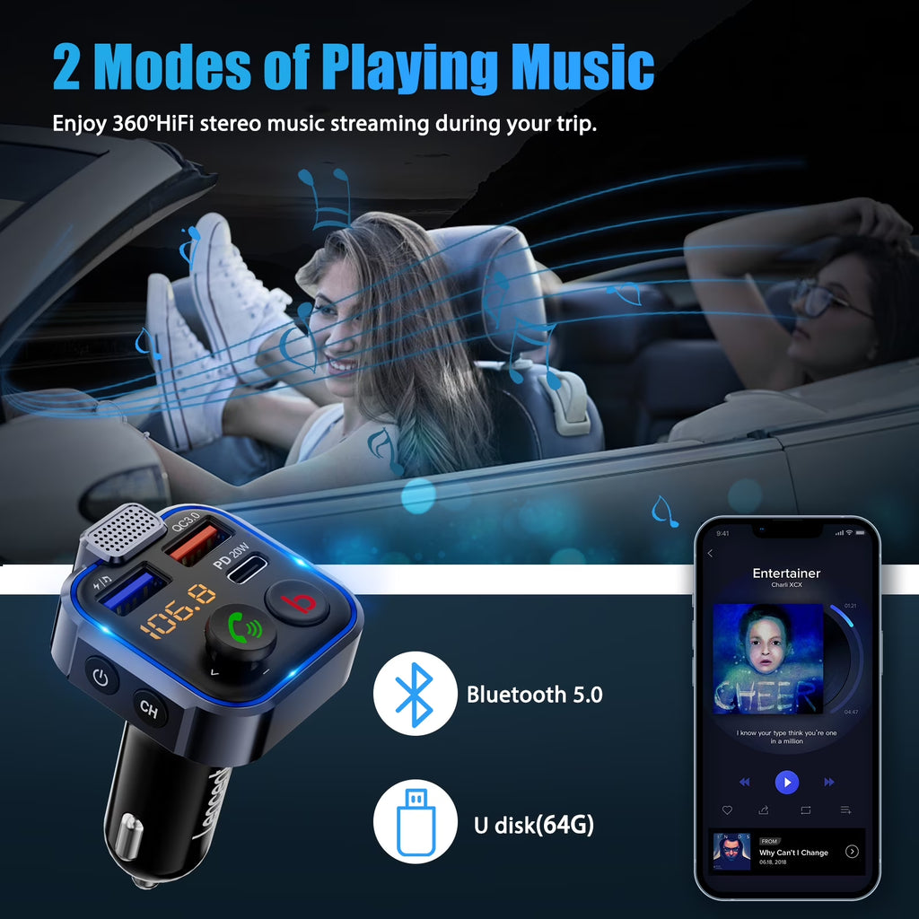 FM Transmitter for Car,Wireless 5.3 Bluetooth Car Adapter with Type-C PD 20W+ QC3.0 Fast USB Charger,Vehicle Mp3 Player Receiver Hifi Bass Sound,Cigarette Lighter Radio Music Adapter