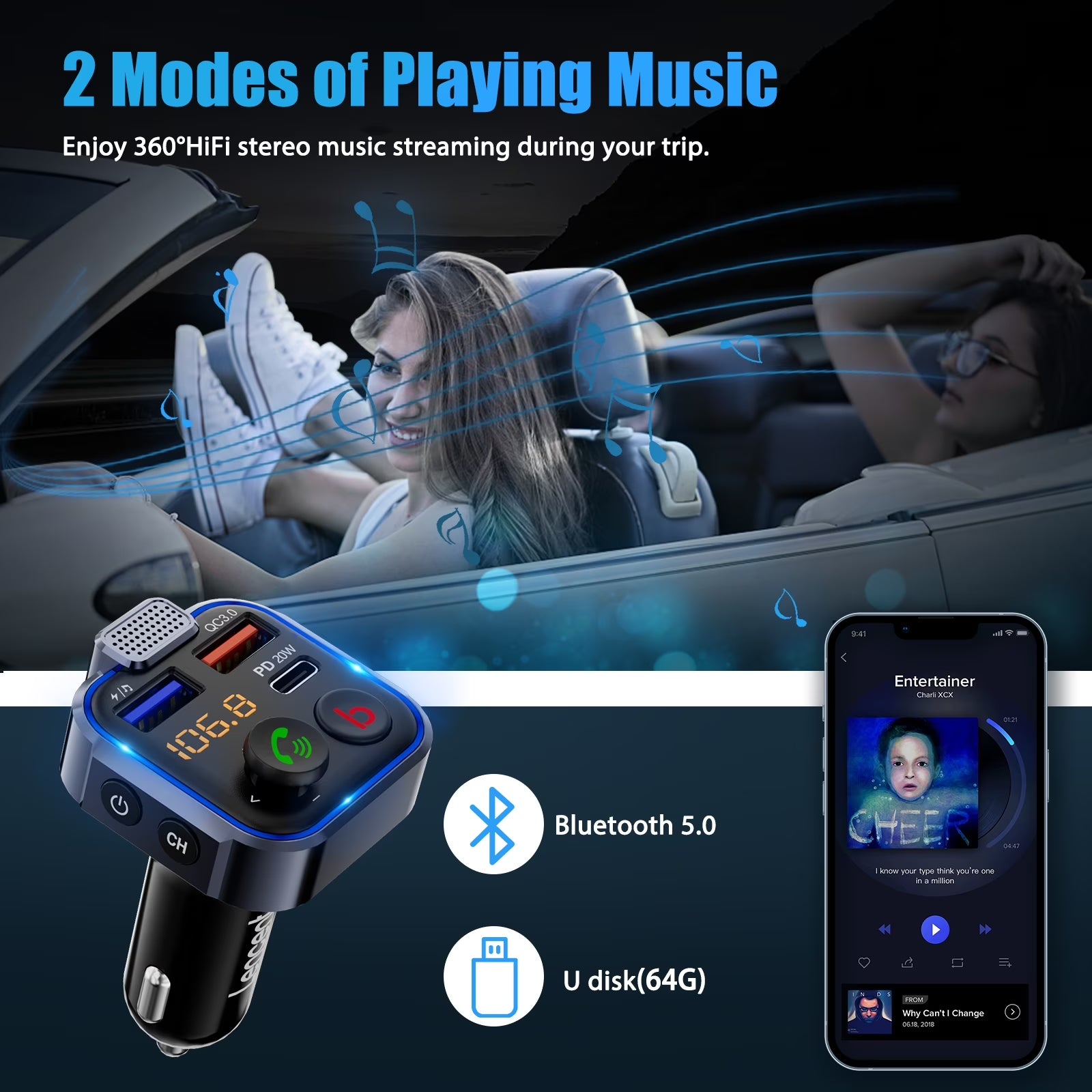FM Transmitter for Car,Wireless 5.3 Bluetooth Car Adapter with Type-C PD 20W+ QC3.0 Fast USB Charger,Vehicle Mp3 Player Receiver Hifi Bass Sound,Cigarette Lighter Radio Music Adapter