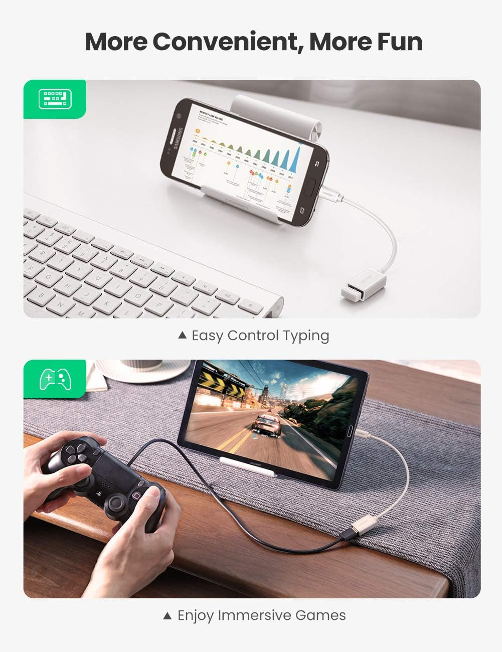 UGREEN USB 2.0 OTG Cable 2 Pack - Micro USB Male to USB Female Adapter for Samsung S7 S6 Edge S4 S3 LG G4 DJI Spark Mavic Remote Controller Android Tablets - White