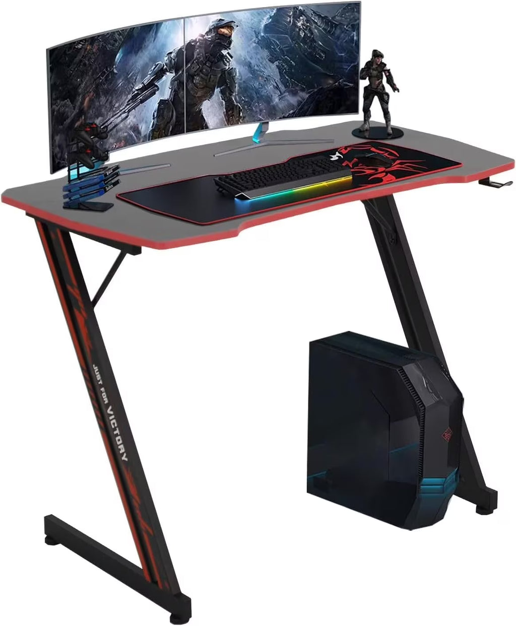 35.2 in Z Shaped Workstation Gaming Desks, Ergonomic Game Tables for Adults, Computer Desk with Headphone Hook for Home Office, Red