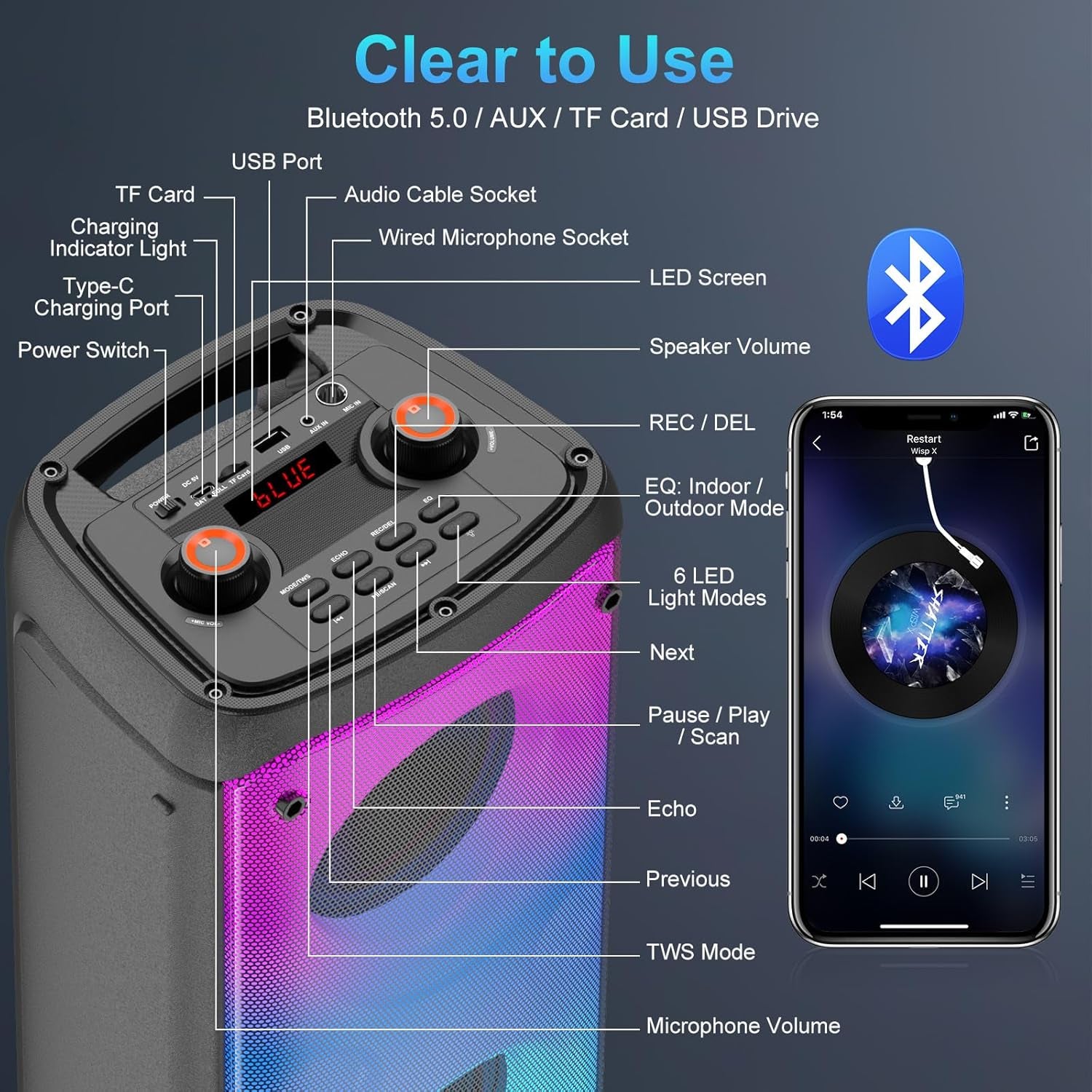 Bluetooth Speaker, 80W Peak Outdoor Speakers Bluetooth Wireless, TWS Portable Party Speakers with Subwoofer, Deep Bass, LED Colorful Lights, Loud Stereo Sound Boombox for Home, Camping, Travel