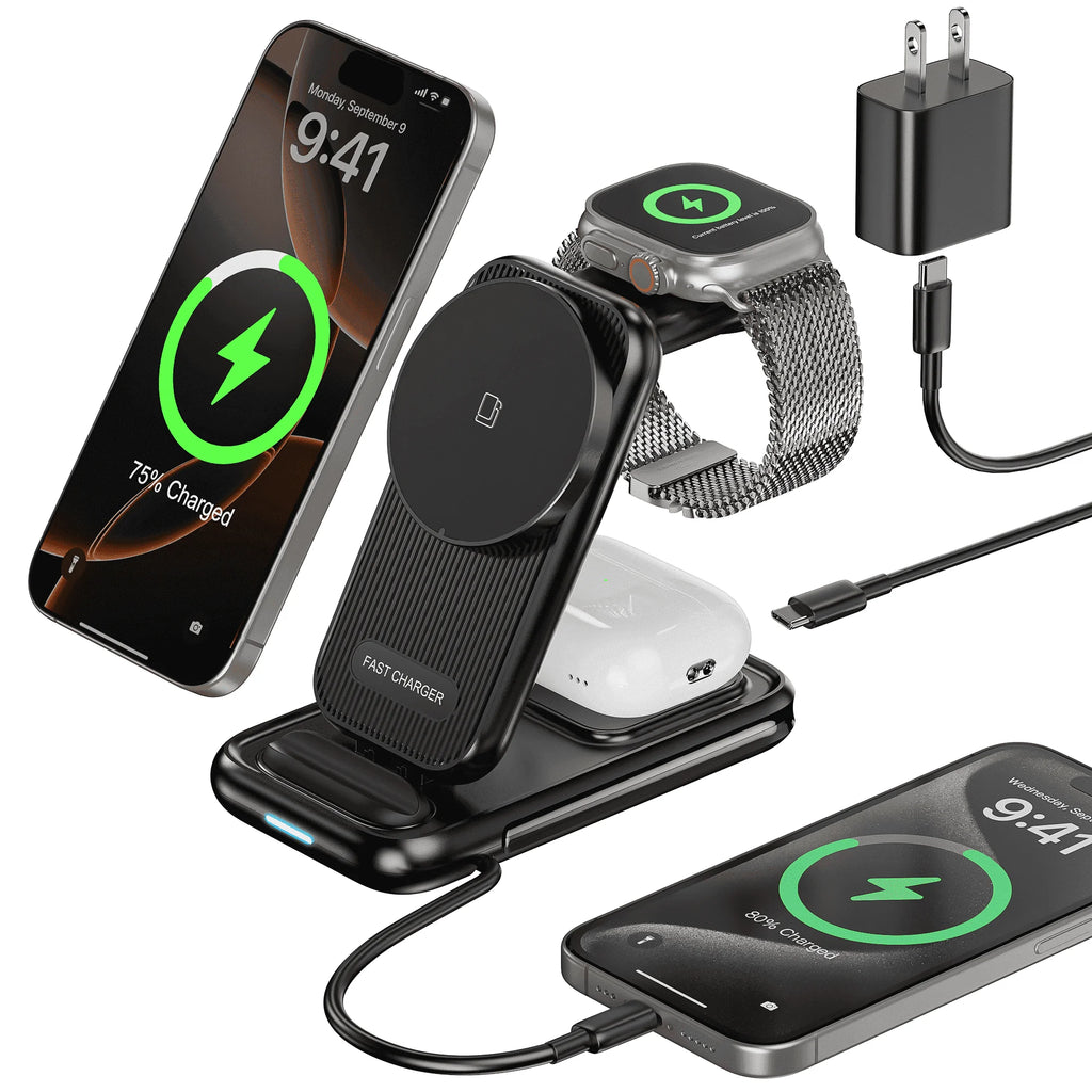 4-In-1 Wireless Charging Station for Iphone 16/15/14, Airpods, Apple Watch & Samsung Watch - Includes 30W Fast Charger (Black)