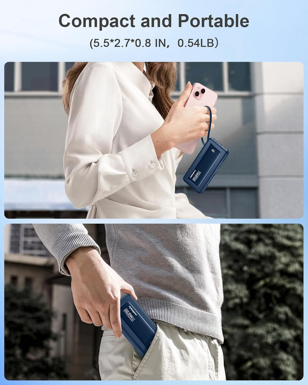 Portable Charger with Built in Cables, Slim 10000Mah Fast Charging 22.5W Power Bank USB C LED Display Battery Pack 6 Outputs & 2 Inputs for Iphone Samsung Pixel LG Moto Ipad