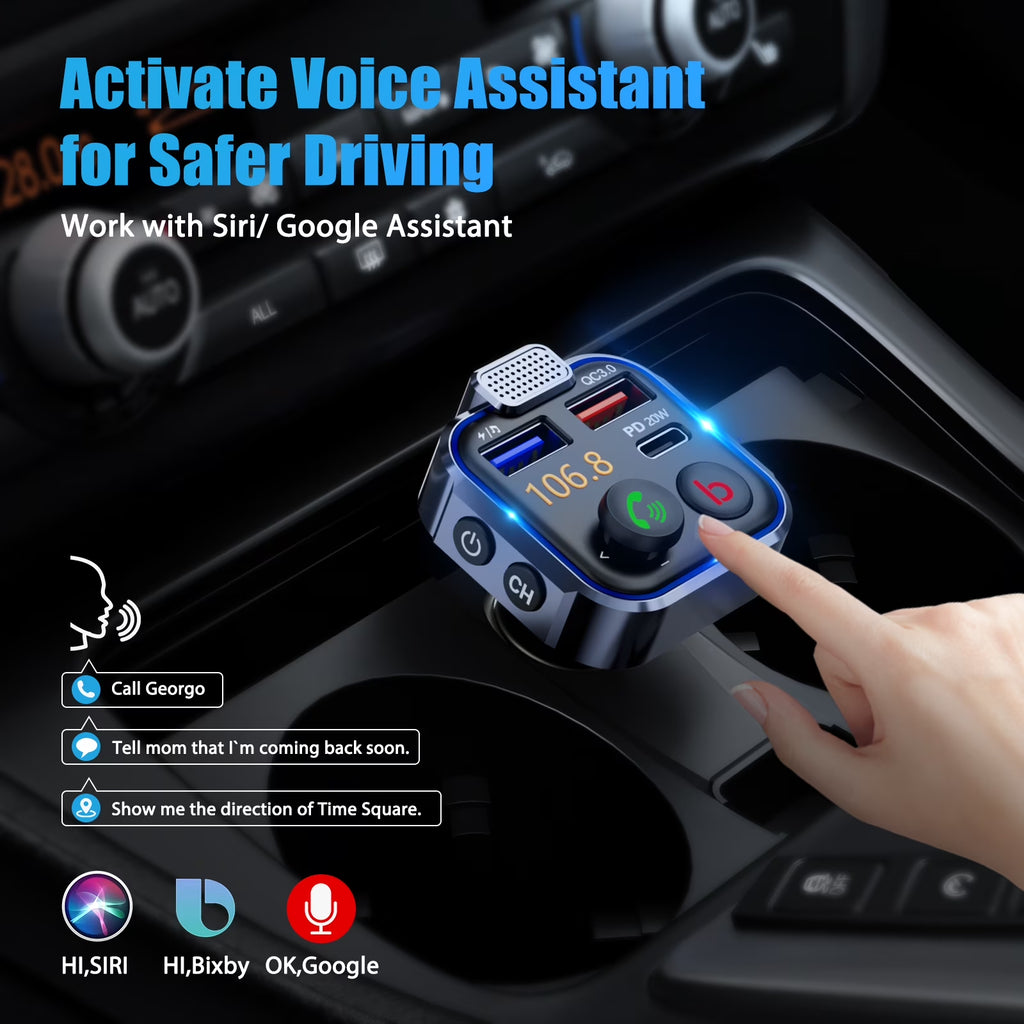 FM Transmitter for Car,Wireless 5.3 Bluetooth Car Adapter with Type-C PD 20W+ QC3.0 Fast USB Charger,Vehicle Mp3 Player Receiver Hifi Bass Sound,Cigarette Lighter Radio Music Adapter