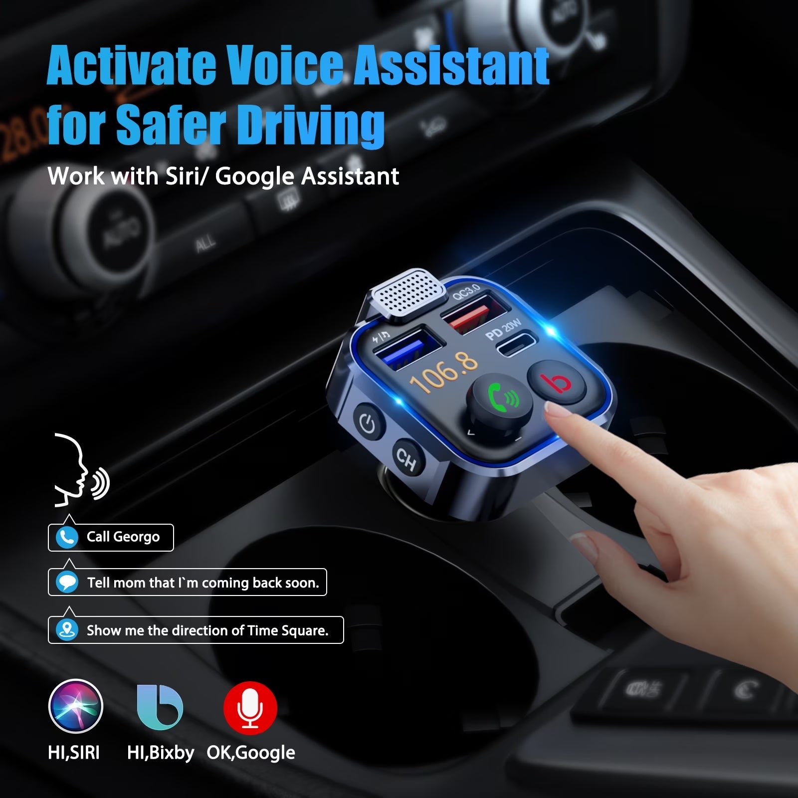 FM Transmitter for Car,Wireless 5.3 Bluetooth Car Adapter with Type-C PD 20W+ QC3.0 Fast USB Charger,Vehicle Mp3 Player Receiver Hifi Bass Sound,Cigarette Lighter Radio Music Adapter