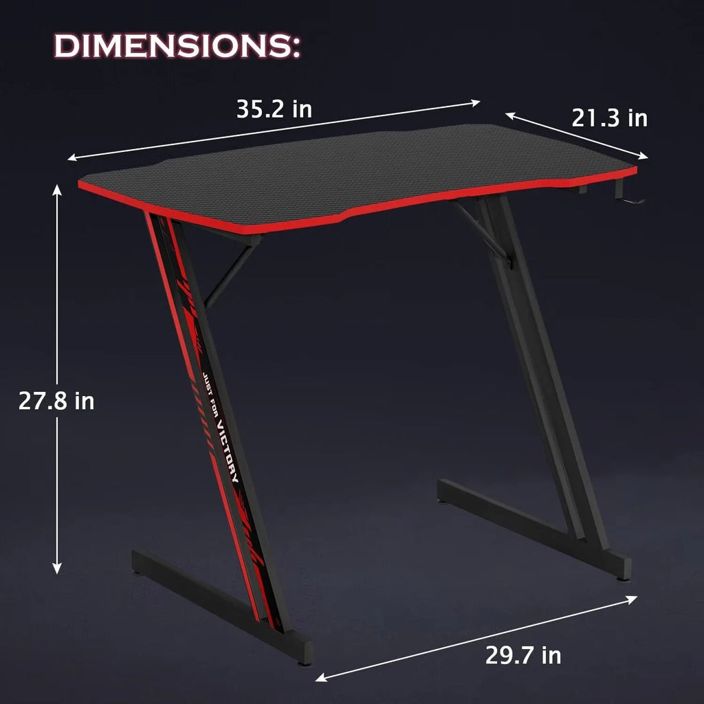 35.2 in Z Shaped Workstation Gaming Desks, Ergonomic Game Tables for Adults, Computer Desk with Headphone Hook for Home Office, Red