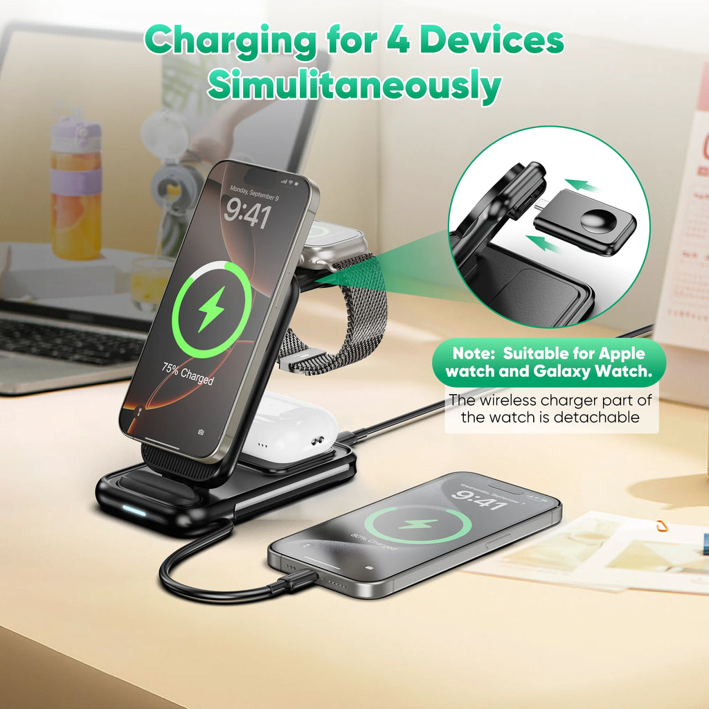 4-In-1 Wireless Charging Station for Iphone 16/15/14, Airpods, Apple Watch & Samsung Watch - Includes 30W Fast Charger (Black)