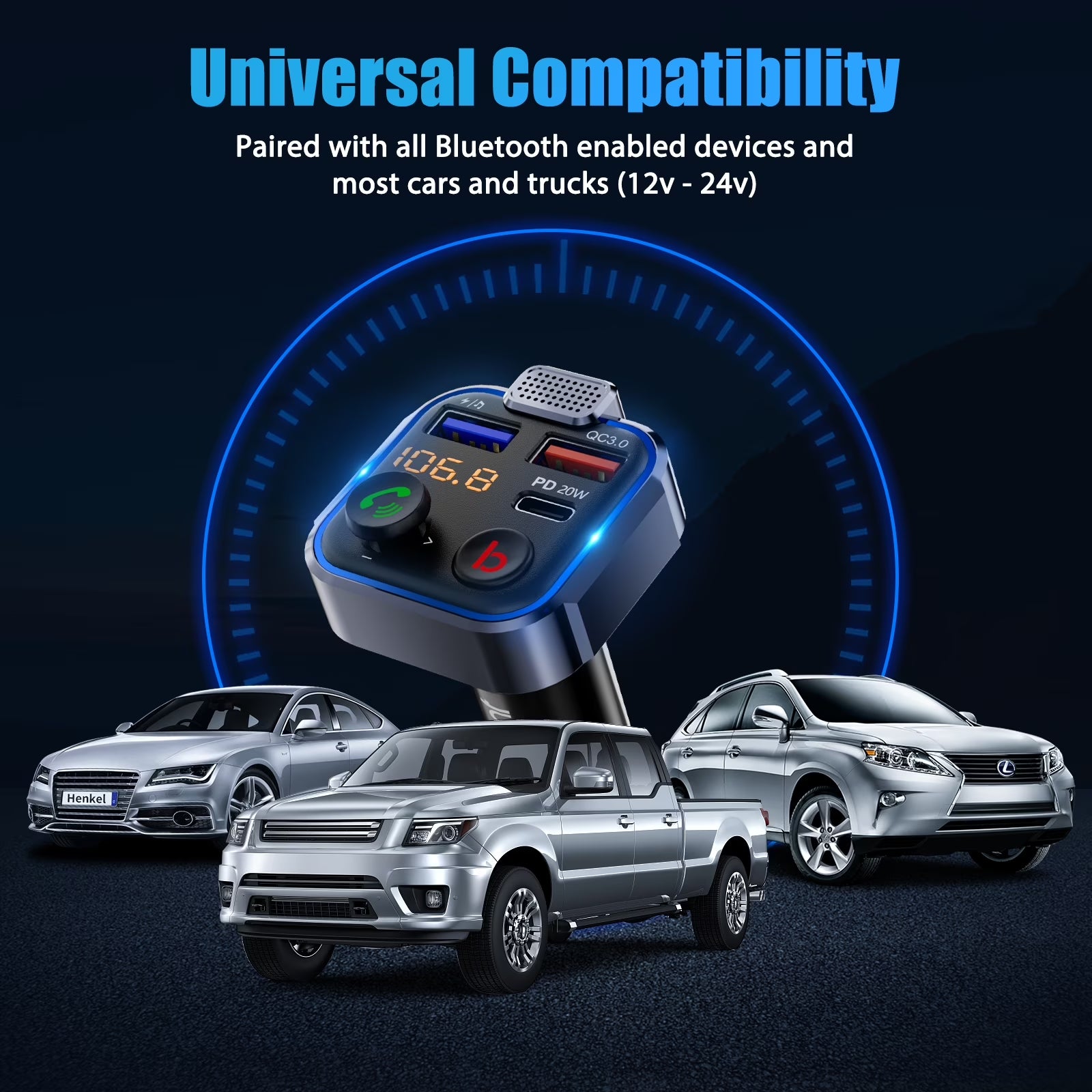 FM Transmitter for Car,Wireless 5.3 Bluetooth Car Adapter with Type-C PD 20W+ QC3.0 Fast USB Charger,Vehicle Mp3 Player Receiver Hifi Bass Sound,Cigarette Lighter Radio Music Adapter