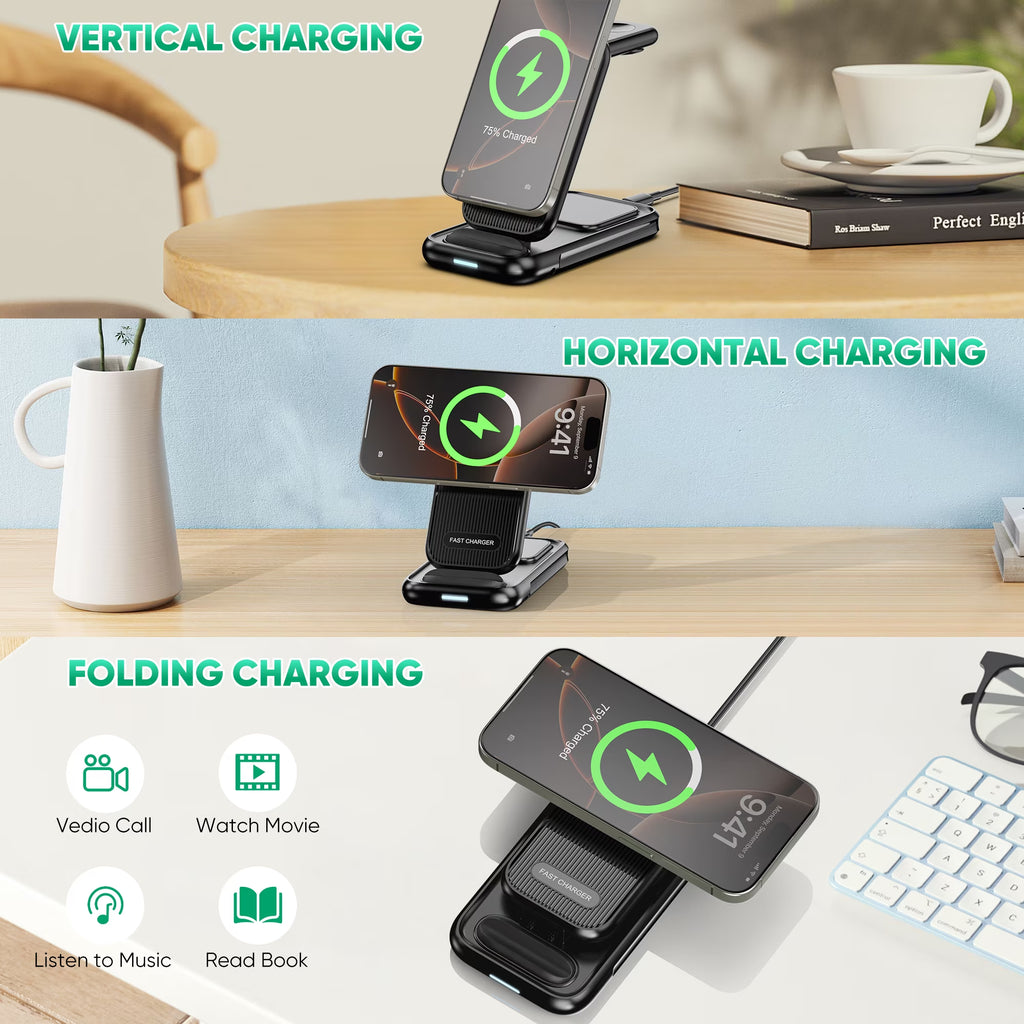 4-In-1 Wireless Charging Station for Iphone 16/15/14, Airpods, Apple Watch & Samsung Watch - Includes 30W Fast Charger (Black)