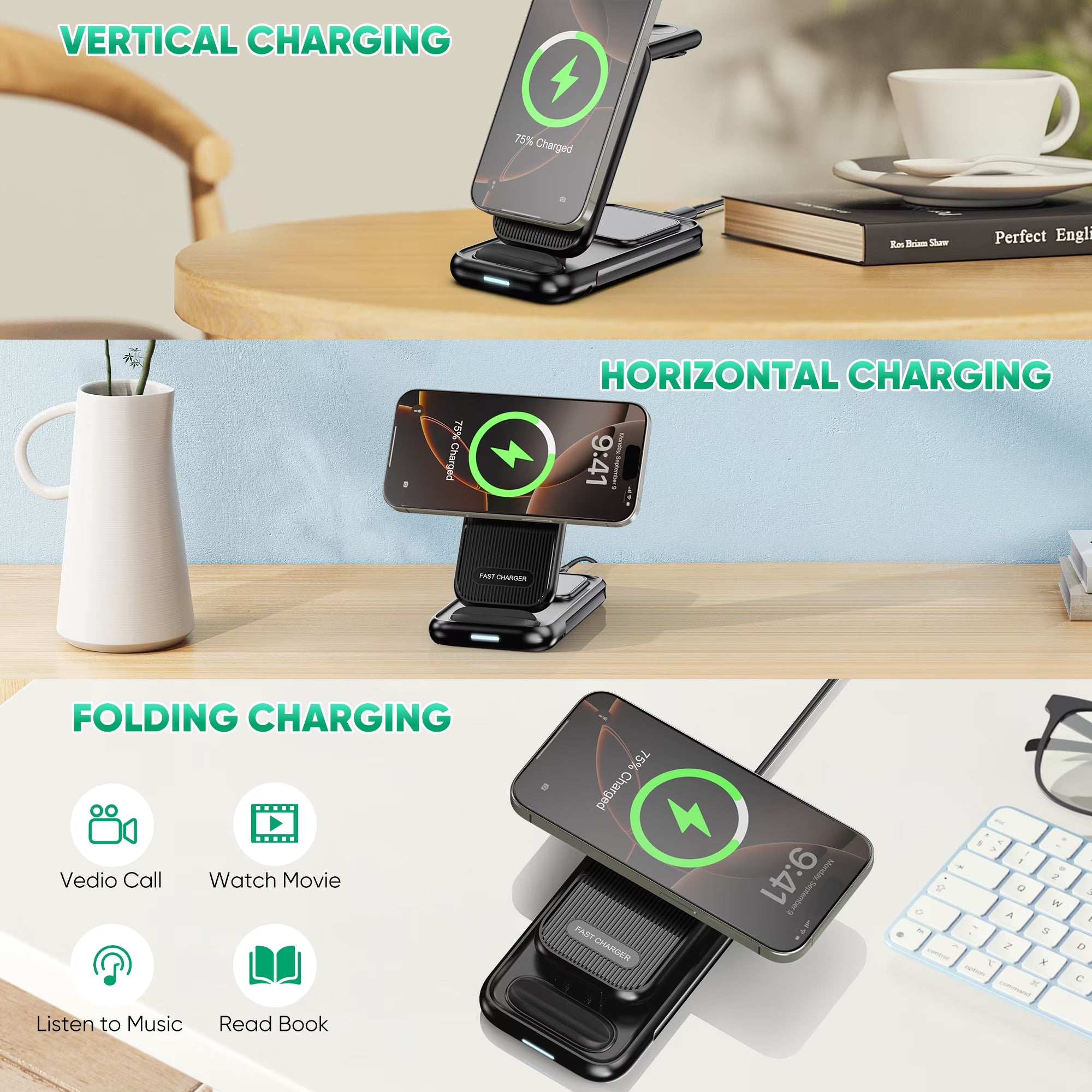 4-In-1 Wireless Charging Station for Iphone 16/15/14, Airpods, Apple Watch & Samsung Watch - Includes 30W Fast Charger (Black)