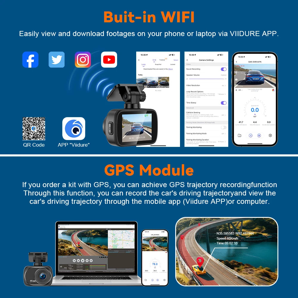 4K Dashcam Car Dvr Dual 4K Dash Cam Support 4K Rear Camera WIFI GPS Night Vision 24H Parking Monitoring Black Box