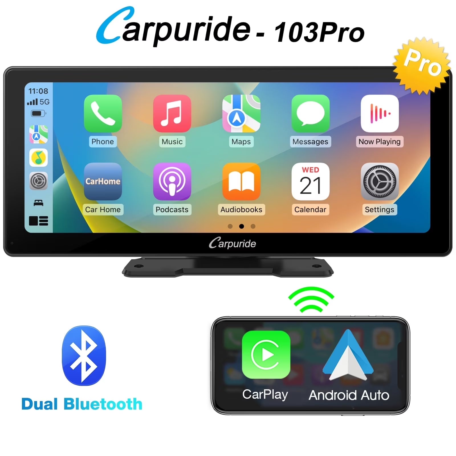 Wireless BT Trans for Carplay &A- Auto Portable Car Stereo, 11.3" Smart Display W103Pro