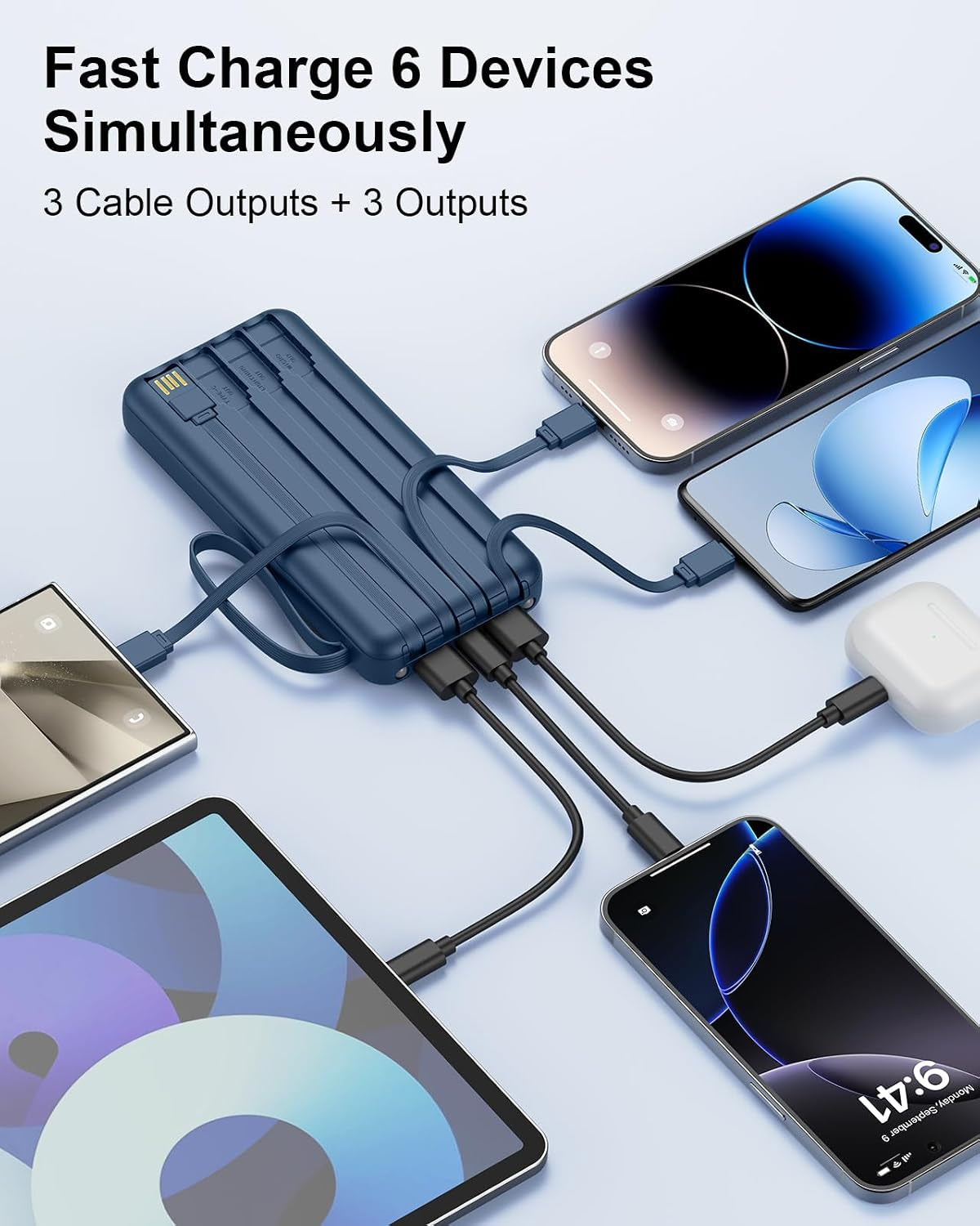 Portable Charger with Built in Cables, Slim 10000Mah Fast Charging 22.5W Power Bank USB C LED Display Battery Pack 6 Outputs & 2 Inputs for Iphone Samsung Pixel LG Moto Ipad