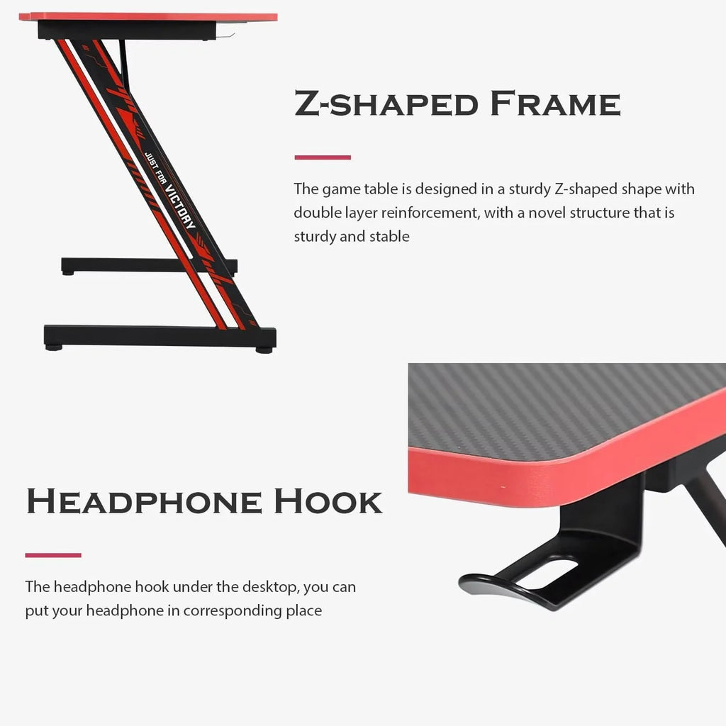 35.2 in Z Shaped Workstation Gaming Desks, Ergonomic Game Tables for Adults, Computer Desk with Headphone Hook for Home Office, Red