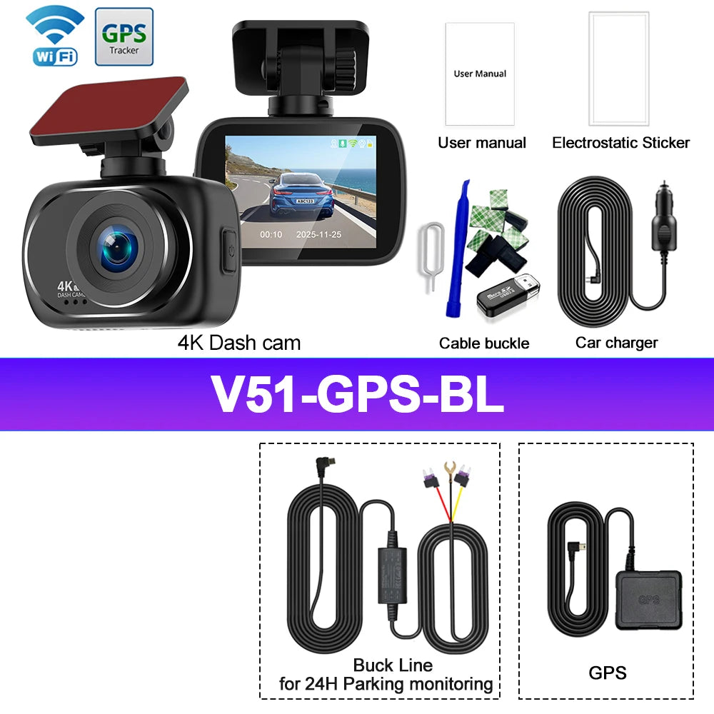 4K Dashcam Car Dvr Dual 4K Dash Cam Support 4K Rear Camera WIFI GPS Night Vision 24H Parking Monitoring Black Box