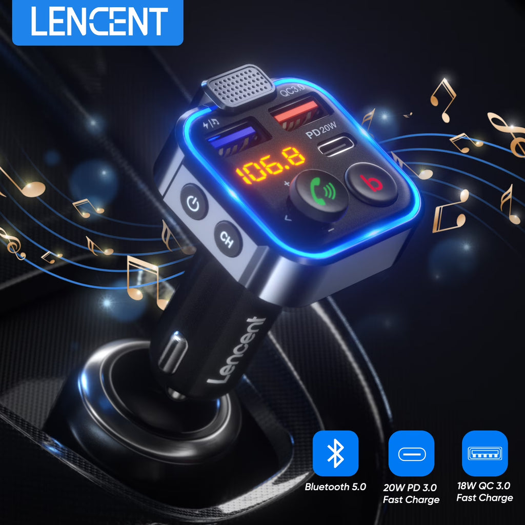 FM Transmitter for Car,Wireless 5.3 Bluetooth Car Adapter with Type-C PD 20W+ QC3.0 Fast USB Charger,Vehicle Mp3 Player Receiver Hifi Bass Sound,Cigarette Lighter Radio Music Adapter