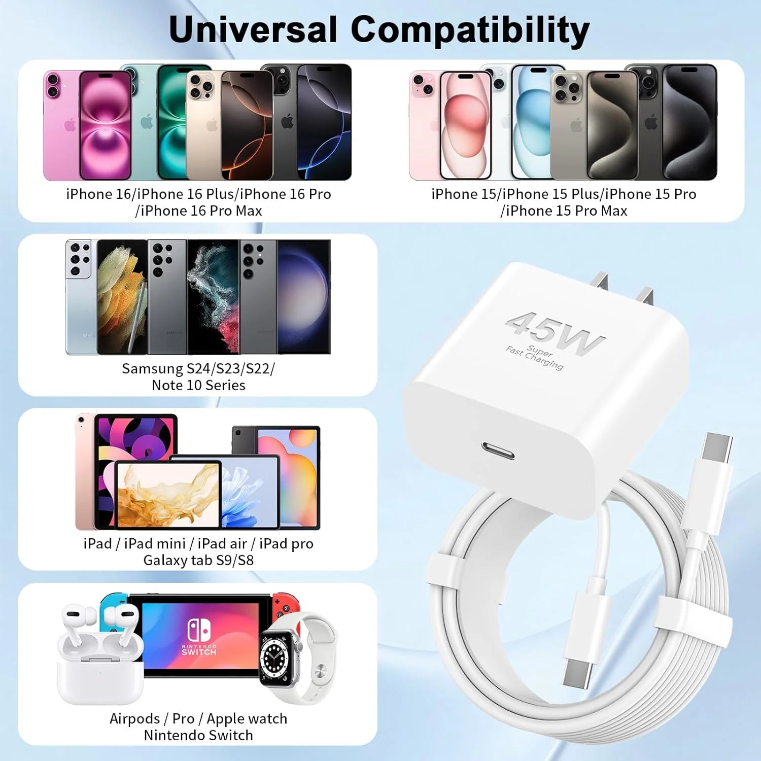 I Phone 17 16 Pro Max Charger Fast Charging, 45W USB C I Phone 16 Super Fast Charger Block with 10Ft Long Type C Charging Cord Compatible with Iphone 17/16/15 Pro Max/Plus/S25