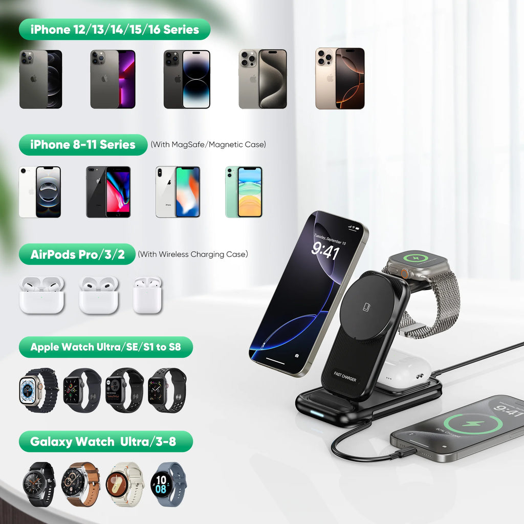 4-In-1 Wireless Charging Station for Iphone 16/15/14, Airpods, Apple Watch & Samsung Watch - Includes 30W Fast Charger (Black)
