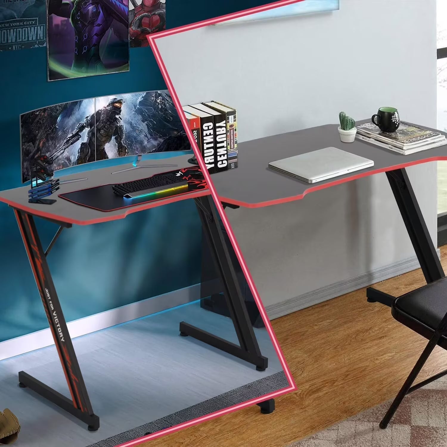 35.2 in Z Shaped Workstation Gaming Desks, Ergonomic Game Tables for Adults, Computer Desk with Headphone Hook for Home Office, Red